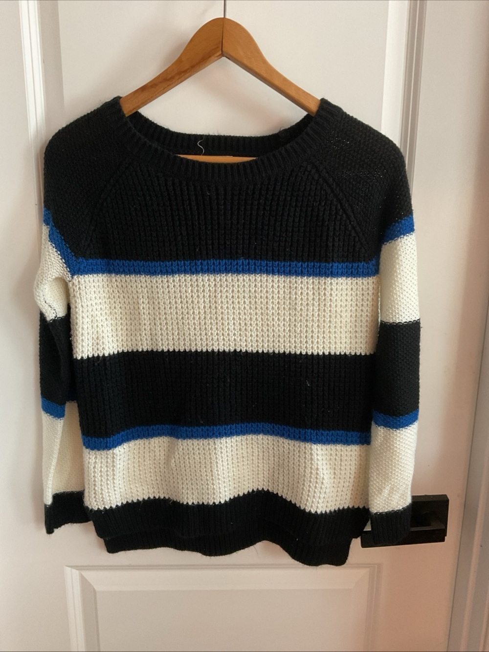 SO - Black White & Blue Striped Crewneck Sweater - Junior’s Size Medium
